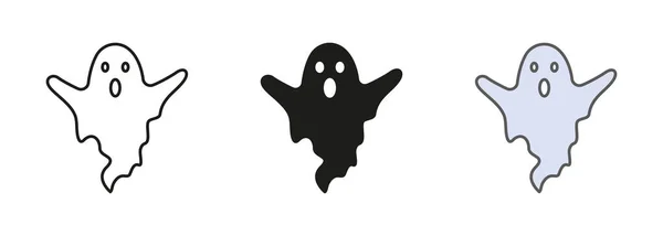 Gruseliges Monster Für Halloween Line Und Silhouette Icon Set Geisterpiktogramm — Stockvektor