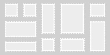 Posta pulu simgesi seti. Boş Posta Çerçeve Etiketi, farklı şekillerde kartpostallar. Deforme Sınır Şablonu Koleksiyonlu Vintage Posta Kartı. Retro posta damgası. İzole Vektör İllüstrasyonu.