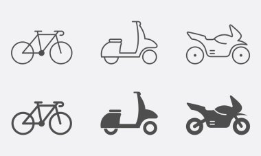 Bisiklet, motosiklet, Moped, Scooter Line ve Siluet Simgesi Set. Teslimat Servisi Pictogram. Trafik levhası. Motorlu Taşımacılık Sembol Koleksiyonu. İzole Vektör İllüstrasyonu.