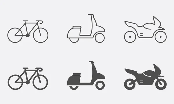 Ποδήλατο Μοτοσικλέτα Μοτοποδήλατο Σκούτερ Γραμμή Και Σιλουέτα Εικονίδιο Σετ Υπηρεσία — Διανυσματικό Αρχείο