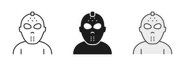 Страшный Джейсон Маск для Halloween Party Line и Silhouette Icon Set. Символ Джейсона Маска из 13-й пятничной коллекции. Тёмный хоккейный шлем для пиктограммы вратаря. Изолированная векторная иллюстрация.