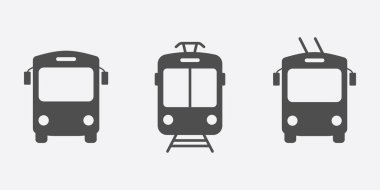 Otobüs, Tram, Tren, Trolleybus Siluet Simgesi Seti. Toplu Taşımacılık Sembol Koleksiyonu. Seyahat Şehri Taşımacılığı Glyph Pictogram. Trafik Yolu Katı İşareti. İzole Vektör İllüstrasyonu.
