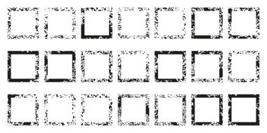 Kare Grunge Doku Çerçeve Seti. Boya fırçası spreyi, Sıçrama Efektli Kara Kirli Form Geometriği. Boş Retro Sınırı. Sert Çerçeve Koleksiyonu. Soyut Tasarım. İzole Vektör İllüstrasyonu.