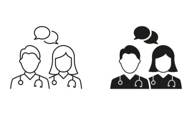 Konuşma Kabarcığı Hattı ve Siluet Simgesi Ayarlı Doktorlar Danışmanlık. Hekimler Sağlık Hizmeti Sohbeti Pictogramı ile Konuşuyor. Tıbbi Uzman Konuşma Sembol Koleksiyonu. İzole Vektör İllüstrasyonu.