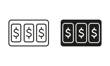 Kumar makinesi hattında büyük ikramiye ve siluet siyah simge seti. Kumar, Piyango, Para Sembol Koleksiyonu. Las Vegas 'ta Kumarhane Şanslı. Kumar Makinesi İşareti. İzole Vektör İllüstrasyonu.