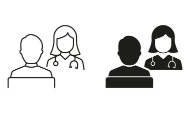 Müşteri ile psikoterapist konuşması. Hastanenin Hekim Danışmanı Hasta Hattı ve Siluet Simgesi Seti. Hasta ve Doktor Danışmanlık. Sağlık Hizmetleri Sembol Koleksiyonu. İzole Vektör İllüstrasyonu.