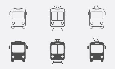 Otobüs, Trolleybus, Tren, Tram Line ve Siluet Simgesi Set. Elektrik Şehri Toplu Taşımacılık Piktogramı. Seyahat Ulaşım Sembol Koleksiyonu. Trafik levhası. İzole Vektör İllüstrasyonu.