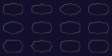 Altın Çerçeve Çizgisi Simgesi Ayarlandı. Boş Eski Altın Sınır Pictogramı. Müze Sergisi için Çerçeve. Siyah Arkaplanda Boş Dekoratif Rozet Sembol Koleksiyonu. İzole Vektör İllüstrasyonu.