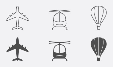 Uçak, Helikopter, Sıcak Hava Balon Hattı ve Siluet Simgesi Set. Hava Taşımacılığı Pictogram. Jet Kargo Nakliye Sembol Koleksiyonu. Uçuş Ulaşımı. İzole Vektör İllüstrasyonu.