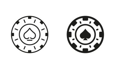 Chip Casino, Vegas Rulet Hattı ve Siluet Simgesi Seti. Pictogram Kumarda Sikke, Şans ve Risk oynayın. Poker Çipi. Para İddiası, Çember Sembol Koleksiyonu. İzole Vektör İllüstrasyonu.