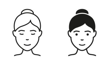 Kadın, Lady Line ve Silhouette Black Icon Set. Güzellik Yüzlü Kız ve Saç Tarzı Piktogramı. Kullanıcı Profili Sembol Koleksiyonu Kadın Avatar 'ı. İzole Vektör İllüstrasyonu.