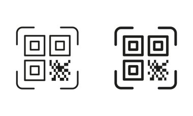 QR Kod Tarayıcı Hattı ve Siluet Siyah Simge Ayarları. Qrcode Pictogram 'ı tara. Tanımlama Ürün Sembol Koleksiyonu için Teknoloji Uygulaması. Bilgi Alma talimatı. İzole Vektör İllüstrasyonu.
