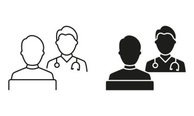 Doktor Line ve Siluet Siyah Simge Seti 'nin hasta danışmanlığı. Sağlık Hizmetleri Sembolü Diyaloğu. Hastanenin Hekim Danışmanı Hasta Piktogram Koleksiyonu. İzole Vektör İllüstrasyonu.