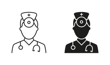 Kulak, Burun, Boğaz Doktor Sembol Koleksiyonu. - Uzman. Otolaryngologist Doctor Line ve Silhouette Black Icon Set. Otolaryngology Sıhhiye Ekibi Pictogram. İzole Vektör İllüstrasyonu.