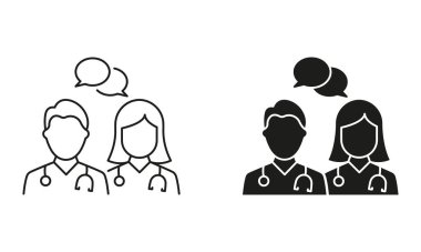 Doktorlar konuşuyor, Sağlık Hizmetleri sohbet piktogramı. Konuşma Kabarcığı Hattı ve Siluet Simgesi Ayarlı Doktorlar Danışmanlık. Tıbbi Uzman Konuşma Sembol Koleksiyonu. İzole Vektör İllüstrasyonu.