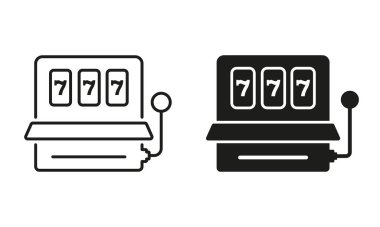 Slot Makinesi Hattı ve Siluet Siyah Simge Ayarları. Kumarhane Şanslı İkramiye 777 Las Vegas Pictogram. Kumar, piyango, para oyunu. Meyve Slot Makinesi, Kumar İşareti. İzole Vektör İllüstrasyonu.