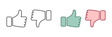 Baş parmak yukarı, başparmak aşağı çizgi ve siluet simgesi seti. Pictogram 'ı sevmek ve sevmemek. Sosyal Medya Geri bildirim Sembolü. İyi ve Kötü Hareketli Düğme İşaret İşareti Koleksiyonu. İzole Vektör İllüstrasyonu.