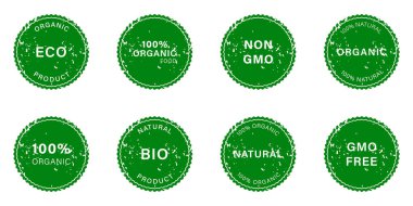 Doğal Ürün Lastik Damga Seti. Gmo Free Grunge etiketi. Gmo Rozetsiz. Organik Vejetaryen Eko Gıda Simgeleri. Biyo Sağlıklı Kozmetik Kirli Çıkartma Koleksiyonu. İzole Vektör İllüstrasyonu.