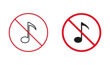 Sessizlik Bölgesi. Müzikal Not Yasaklama Çizgisi ve Siluet Simgeleri. Müzik için Uyarı İşareti Belirtilmedi. Ses Alanı Yok, Şarkı Söylenecek Yer Yok Kırmızı Çember Sembolü. İzole Vektör İllüstrasyonu.