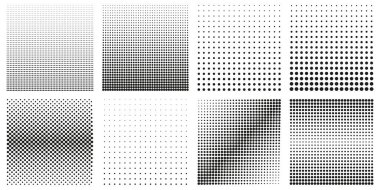 Yarım Tonlu Noktalar Koleksiyonu. Siyah ve Beyaz Geometrik Gradyanlar Kümesi. İzole Vektör İllüstrasyonu.