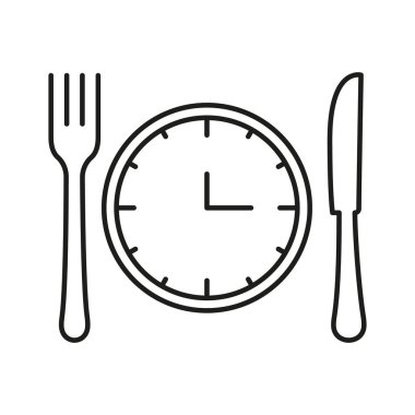 Yemek zamanı ikonu, Bıçaklı Saat, Çatal, Restoran, Mutfak, Yemek Konsepti. İzole Vektör İllüstrasyonu.