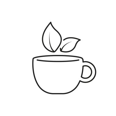Yaprak Çizgisi Simgesi olan çay fincanı, Bitkisel Doğal Çay Konsepti. Sağlık ve Rahatlama İçin Organik Matcha Çayı. İzole Vektör İllüstrasyonu.