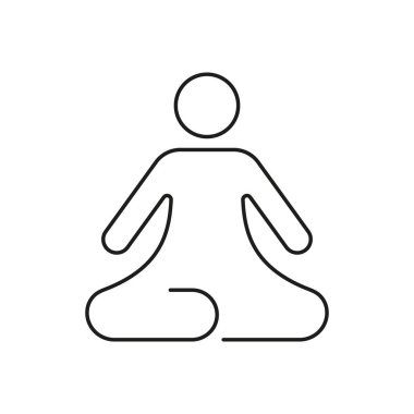 Meditasyon ve Yoga Hattı Simgesi. Oturmuş Pozisyondaki İnsan Figürü, Farkındalığı, Rahatlığı ve Sağlığı Temsil Ediyor. Stres Yardım Taslak Simgesi. İzole Vektör İllüstrasyonu.