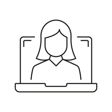 Laptop Screen 'de Kadın Hattı Simgesi, Çevrimiçi İletişim veya Video Çağrısı. Sanal Toplantılar ve Dijital Etkileşim. İzole Vektör İllüstrasyonu.