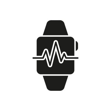 Smartwatch Silhouette Simgesi, Sağlık İzleme ve Kalp atışı Sembollü Fitness İzleme Cihazı. İzole Vektör İllüstrasyonu.