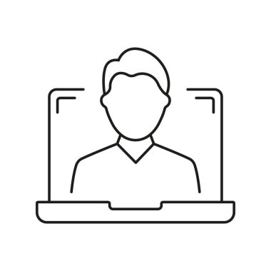 Laptop ekranındaki Man Outline Simgesi. Çevrimiçi İletişim ya da Görüntü Arama Hattı Simgesi. Çevrimiçi Konferans veya Uzaktan İletişim. İzole Vektör İllüstrasyonu.