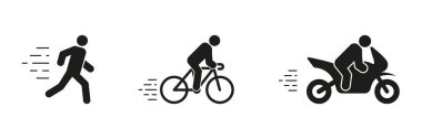 Koşu, Bisiklet ve Motosiklet Silueti Simgeleri Set, Hız ve Hareket Sembolleri. Aktif Yaşam Tarzı, Fitness, Hız, Macera Konsepti. İzole Vektör İllüstrasyonu.