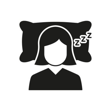 Yastık Siluetinde Uyuyan Kadın Simgesi. Uyku Hijyeni, Uyku Vakti Rutini ve Gece Dinlenme Grafiği Pictogram. İzole Vektör İllüstrasyonu.