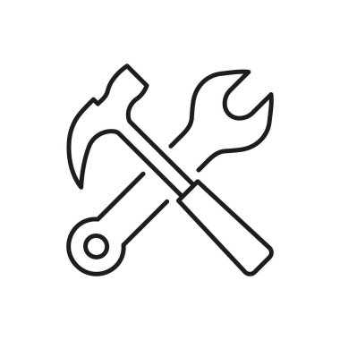 İnşaat ve Tamir Hizmetleri için Hammer ve Wrench Line Icon. Onarım ve Bakım Aletleri Ana Hattı Sembolü. Teknik Destek İşareti. Düzenlenebilir Vuruş. İzole Vektör İllüstrasyonu.