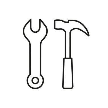 Teknik Destek ve Tamir Servisi için İngiliz anahtarı ve Çekiç Hattı Simgesi. İnşaat ve Onarım Aletleri Sembolü. Bakım ve Servis. Düzenlenebilir Vuruş. İzole Vektör İllüstrasyonu.