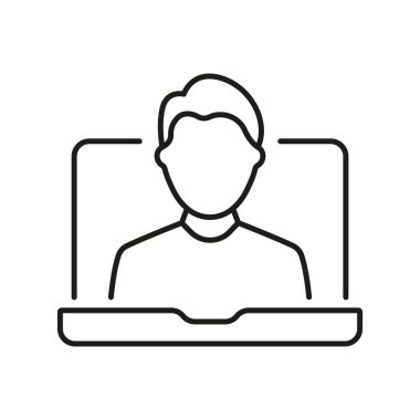 Çevrimiçi Destek ve Sanal İletişim için Görüntü Arama Hattı Simgesi 'ndeki adam. Laptop Screen, Video Konferansı ve Uzaktan Destek Sembolü 'nde Erkek. Düzenlenebilir Vuruş. İzole Vektör İllüstrasyonu.