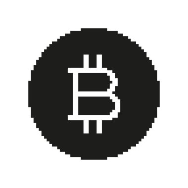 Pikseldeki Bitcoin Siluet Simgesi. 8 Bit Video Oyunu. Dijital Kripto Para Birimi ve Engelleme Finans İşareti. İzole Vektör İllüstrasyonu.