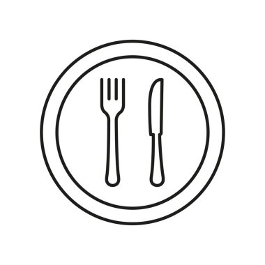 Çatal ve bıçak çizgisi ikonlu tabak, sağlıklı yiyecek konsepti için öğle yemeği ve akşam yemeği. Sağlıklı beslenme zamanı. İzole Vektör İllüstrasyonu.