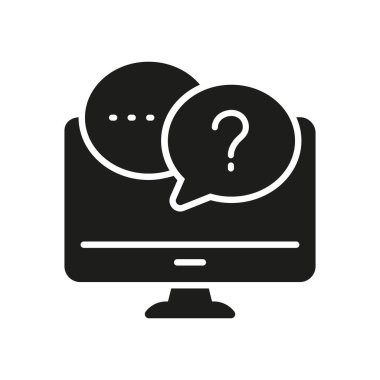 SSS Sohbeti Bilgisayar Ekran Silueti Simgesi, Çevrimiçi Destek ve Müşteri İletişimi. Soru ve Cevap Konuşması Bilgisayar Monitöründe Kabartma Sembolü. İzole Vektör İllüstrasyonu.