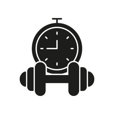 Dumbbell ve Stopwatch Silhouette Icon 'la egzersiz zamanı. Fitness Rutini ve Eğitim Programı. İzole Vektör İllüstrasyonu.