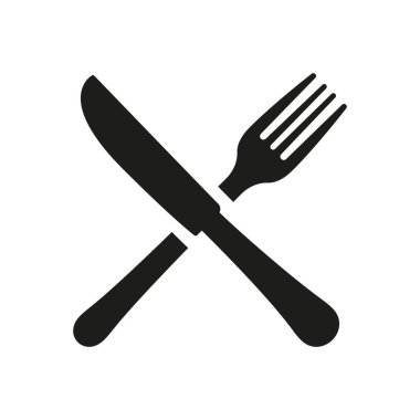 Çatal ve Bıçak Silueti Simgesi, Yemek ve Yemek Zamanı. Restoran ve Mutfak Konsepti. İzole Vektör İllüstrasyonu.