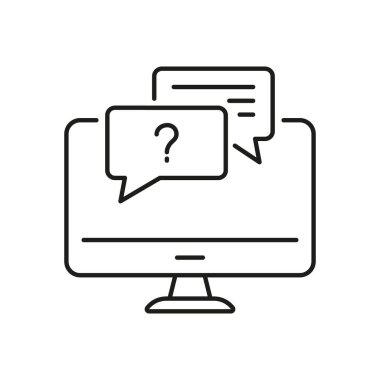 İleti Konuşma Bubbles Satır Simgesi ile Masaüstü Bilgisayarı. Çevrimiçi Destek Ana Hattı Sembolü. Yardım, İletişim ve Yardım. Düzenlenebilir Vuruş. İzole Vektör İllüstrasyonu.