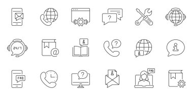 Müşteri Desteği Araç Hattı Simgesi Ayarlandı. Global Communication, FAQ, Çevrimiçi Yardım Ana Hattı Sembol Koleksiyonu. Düzenlenebilir Vuruş. İzole Vektör İllüstrasyonu.