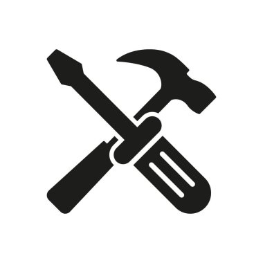 Tornavida ve Çekiç Siluet İnşaat ve Tamir Servisi Simgesi. Teknik Destek Sembolü için Bakım Aracı. İzole Vektör İllüstrasyonu.