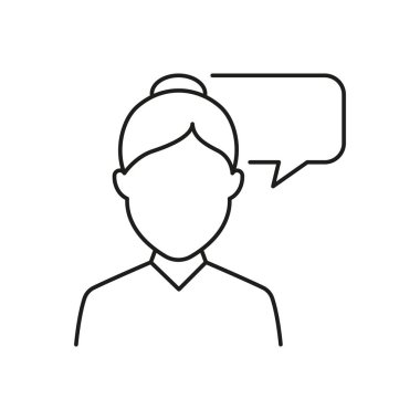 Konuşma Balonu, İletişim ya da Danışmanlık Konsepti olan Kadın Satır Simgesi. Müşteri Destek ve Tartışma. İzole Vektör İllüstrasyonu.