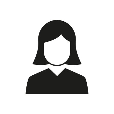 Dişi Avatar Siluet Simgesi. Omuz Uzunluğu Saçlı Sade Kadın. İzole Vektör İllüstrasyonu.