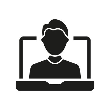 Görüntülü Arama Silueti Simgesi Çevrimiçi Destek ve Sanal İletişim için Adam. Laptop Screen, Video Konferansı ve Uzaktan Destek Sembolü 'nde Erkek. İzole Vektör İllüstrasyonu.