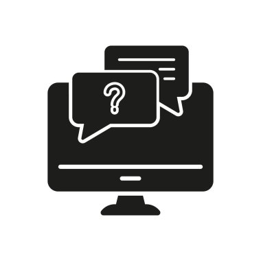 İleti Bubbles Siluet Simgesi ile Masaüstü Bilgisayarı. Çevrimiçi Destek Sembolü. Yardım, İletişim ve Yardım. İzole Vektör İllüstrasyonu.