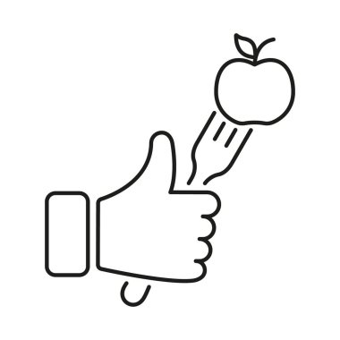 Elma hattı ikonu, diyet ve sağlıklı beslenme konsepti için uygunluk ile el ele tutuşan çatal. Kilo vermek için sağlıklı beslenme ve zindelik. İzole Vektör İllüstrasyonu.