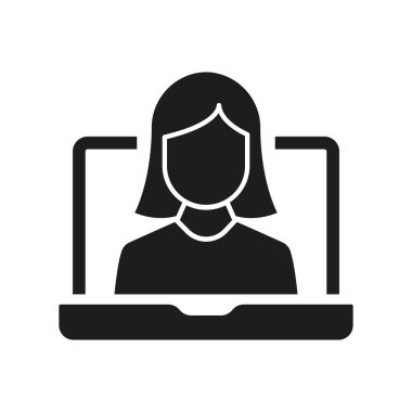 Sanal Destek ve İletişim için Kadın Silueti Simgesi ile çevrimiçi Görüntü Çağrısı. Çevrimiçi Video Konferansı Sembolü. Sanal Buluşma ve Uzaktan İletişim. İzole Vektör İllüstrasyonu.