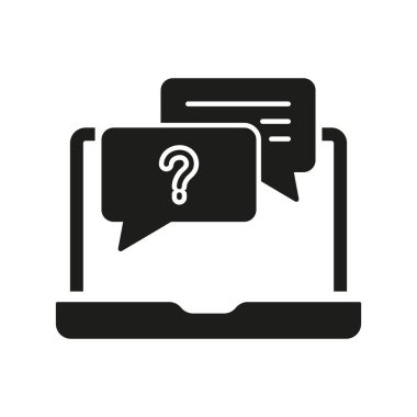 SSS Sohbeti Laptop Siluet Simgesi, Çevrimiçi Destek ve Müşteri İletişimi. Konuşma Baloncuğu Şekli Soru ve Yanıt Sembolü. İzole Vektör İllüstrasyonu.